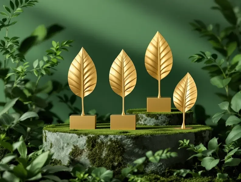 匠心之作 · 金藤奖历届 - 蜜桃影视 匠心之作经典片单封面,苔石台座上叶片造型的金色奖杯